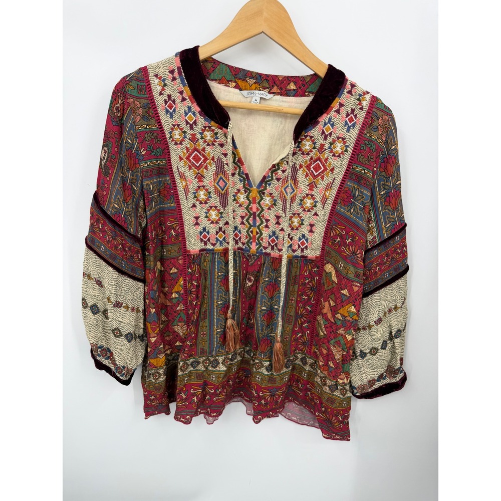 John Mark Mixed Print Blouse Women Medium Red Multi Velvet Trim Tassel Boho